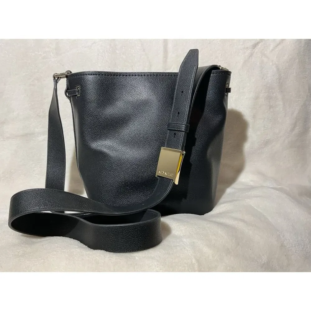Calvin Klein Drawstring Bucket Bag Purse in Black Adjustable Gold Accents